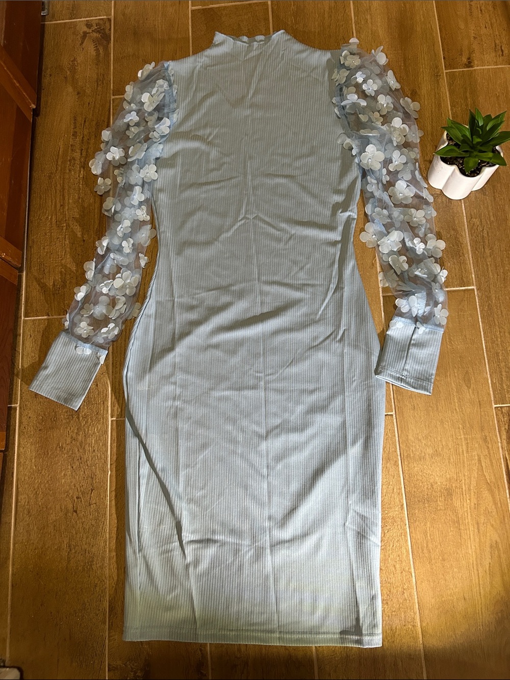 Light Blue Long-Sleeve Midi Dress with 3D Floral Sleeves